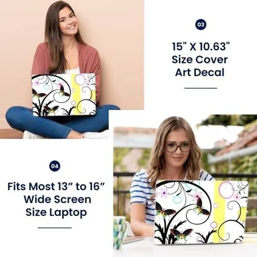 ALAYRA Laptop 15 15.6 Skin Cover with Colorful Butterfly Escape Floral Pattern for HP Dell Lenovo Apple Asus Acer Compaq - Fits 13.3" 14" 15.6" 16" (2 Wrist Pads Free) 01 - Image 2