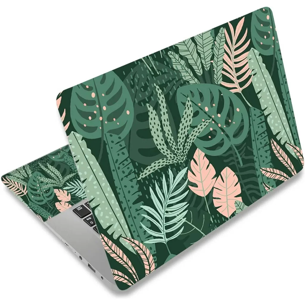 ALAYRA Laptop Skin Sticker Decal, 12 13 13.3 14 15 15.4 15.6 inch Laptop Art Decal Protector Notebook Netbook PC 15.6" Universal Vinyl Cover, Pink Green Leaves 01
