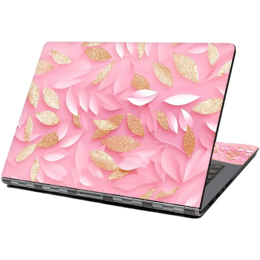 ALAYRA Laptop Skin Sticker Decal, 12" 13" 13.3" 14" 15" 15.4" 15.6 inch Laptop Skin Sticker Cover Art Decal Protector Notebook PC (Gold & Pink Leaves) 01