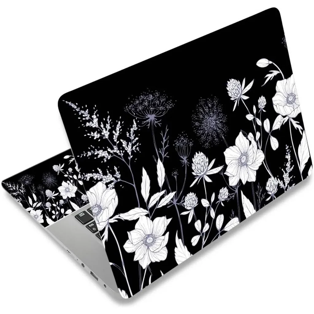 ALAYRA Laptop Skin Sticker Decal, 12" 13" 13.3" 14" 15" 15.4" 15.6 inch Laptop Vinyl Skin Sticker Cover Art Protector Notebook PC (2 Wrist Pad Skins Included), Waterproof Removable, Black White Flower