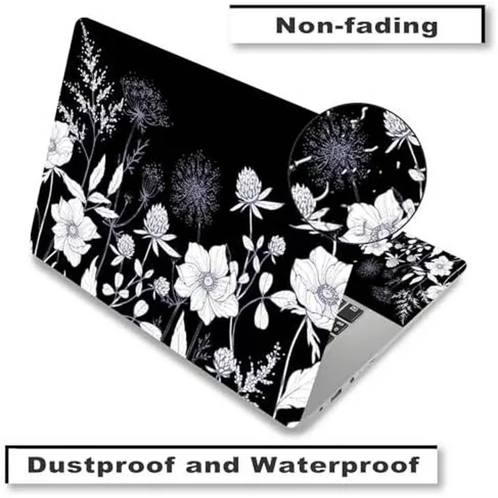 ALAYRA Laptop Skin Sticker Decal, 12" 13" 13.3" 14" 15" 15.4" 15.6 inch Laptop Vinyl Skin Sticker Cover Art Protector Notebook PC (2 Wrist Pad Skins Included), Waterproof Removable, Black White Flower - Image 3
