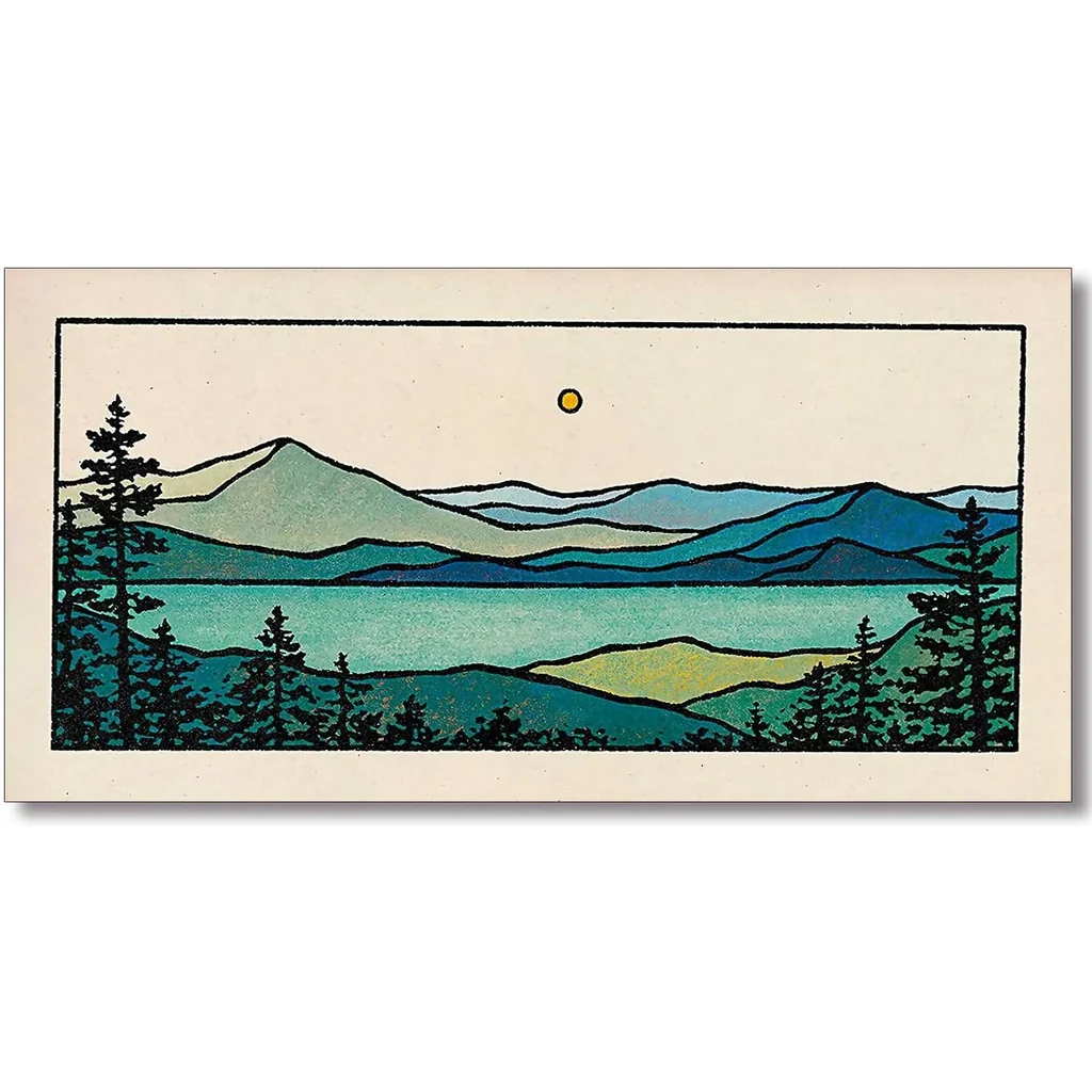 ALAYRA Large Abstract Mountain Canvas Wall Art 12x24in, Nature Landscape Emerald Bay Prints Painting, Blue Green Lake Forest Tree Sunset Poster, Boho Rustic Wall Decor For Living Room Unframed 01