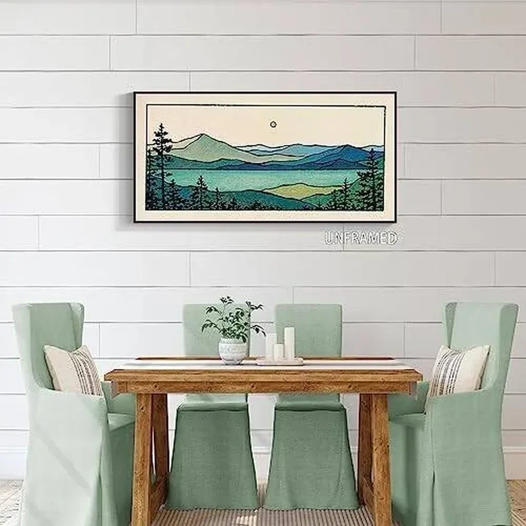 ALAYRA Large Abstract Mountain Canvas Wall Art 12x24in, Nature Landscape Emerald Bay Prints Painting, Blue Green Lake Forest Tree Sunset Poster, Boho Rustic Wall Decor For Living Room Unframed 01 - Image 2