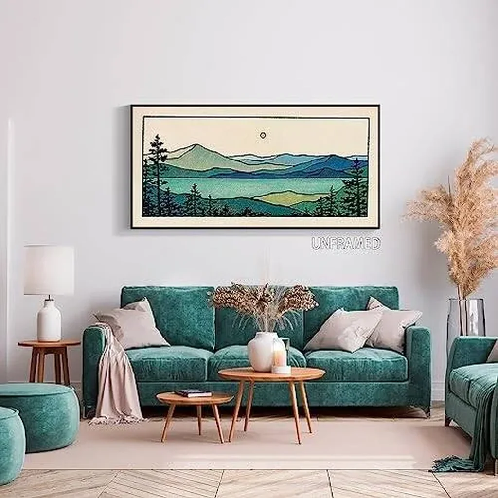 ALAYRA Large Abstract Mountain Canvas Wall Art 12x24in, Nature Landscape Emerald Bay Prints Painting, Blue Green Lake Forest Tree Sunset Poster, Boho Rustic Wall Decor For Living Room Unframed 01 - Image 3