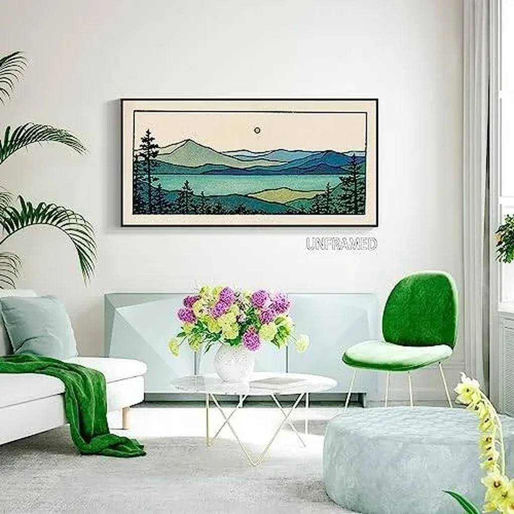 ALAYRA Large Abstract Mountain Canvas Wall Art 12x24in, Nature Landscape Emerald Bay Prints Painting, Blue Green Lake Forest Tree Sunset Poster, Boho Rustic Wall Decor For Living Room Unframed 01 - Image 4