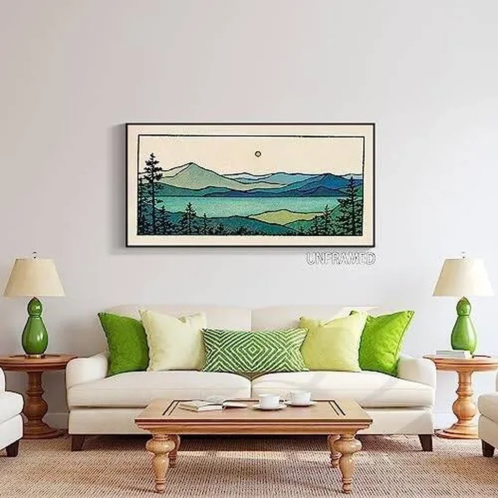 ALAYRA Large Abstract Mountain Canvas Wall Art 12x24in, Nature Landscape Emerald Bay Prints Painting, Blue Green Lake Forest Tree Sunset Poster, Boho Rustic Wall Decor For Living Room Unframed 01 - Image 5