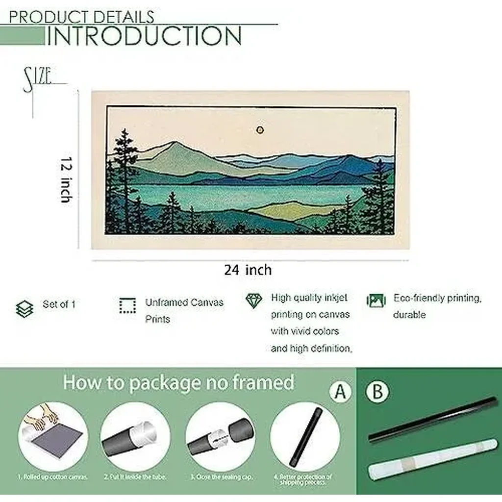 ALAYRA Large Abstract Mountain Canvas Wall Art 12x24in, Nature Landscape Emerald Bay Prints Painting, Blue Green Lake Forest Tree Sunset Poster, Boho Rustic Wall Decor For Living Room Unframed 01 - Image 6