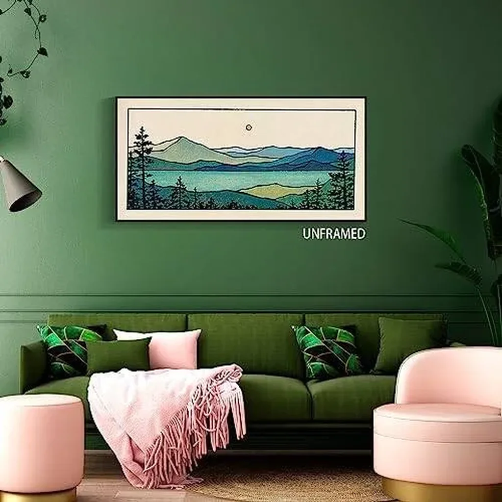 ALAYRA Large Abstract Mountain Canvas Wall Art 12x24in, Nature Landscape Emerald Bay Prints Painting, Blue Green Lake Forest Tree Sunset Poster, Boho Rustic Wall Decor For Living Room Unframed 01 - Image 7