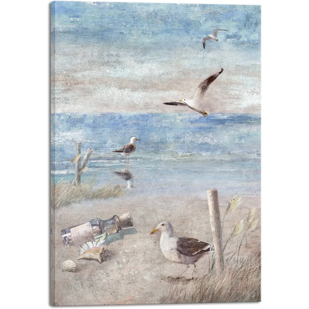 ALAYRA Large Abstract Seaside Seagull Seascape Painting Perching Bird by The Seashore Coastal Beach Canvas Wall Art for Bathroom Living Room Office Decor 20x28inch 01