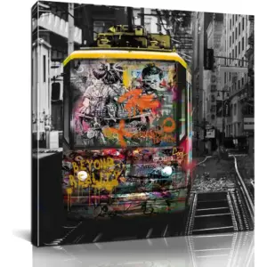 ALAYRA Large Canvas Wall Art Modern Graffiti Bus Picture Banksy Wall Art for Bedroom Living Room Black and White Wall Art Ready to Hang Size 30" W x 30 H 01