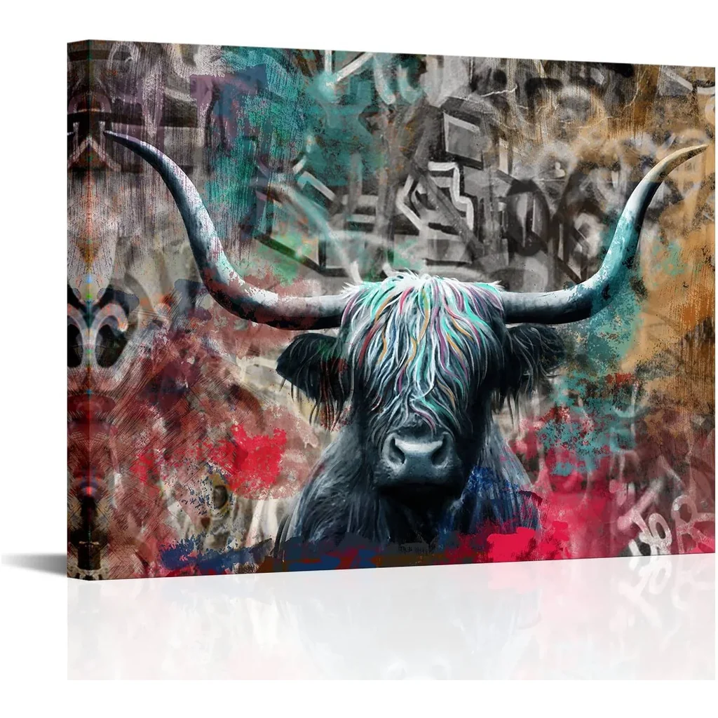 ALAYRA Large Highland Cow Canvas Wall Art Abstract Farmhouse Bull Animals Wilderness Pictures Street Pop Artwork for Living Room Bedroom Home Decor Stretched and Framed Ready to Hang 24x32inch 01