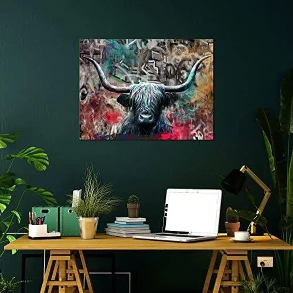 ALAYRA Large Highland Cow Canvas Wall Art Abstract Farmhouse Bull Animals Wilderness Pictures Street Pop Artwork for Living Room Bedroom Home Decor Stretched and Framed Ready to Hang 24x32inch 01 - Image 2