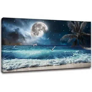 ALAYRA large Moon Ocean Wall Art Seascape Painting Sea Pictures Canvas Wave Blue Beach Artwork for Wall Landscape Poster Prints Palm Wall Decor Bedroom Living Room Decor Framed-24x48inches 01