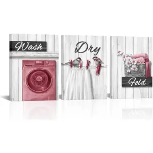 ALAYRA Laundry Room Decor Pictures Wash Dry Fold Laundry Decor Signs Laundry Wall Decor Framed Canvas Wall Art 12x16inchx3 Piece (Pink) 01