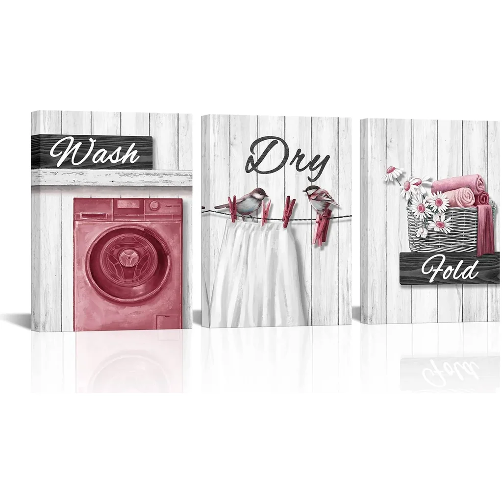ALAYRA Laundry Room Decor Pictures Wash Dry Fold Laundry Decor Signs Laundry Wall Decor Framed Canvas Wall Art 12x16inchx3 Piece (Pink) 01