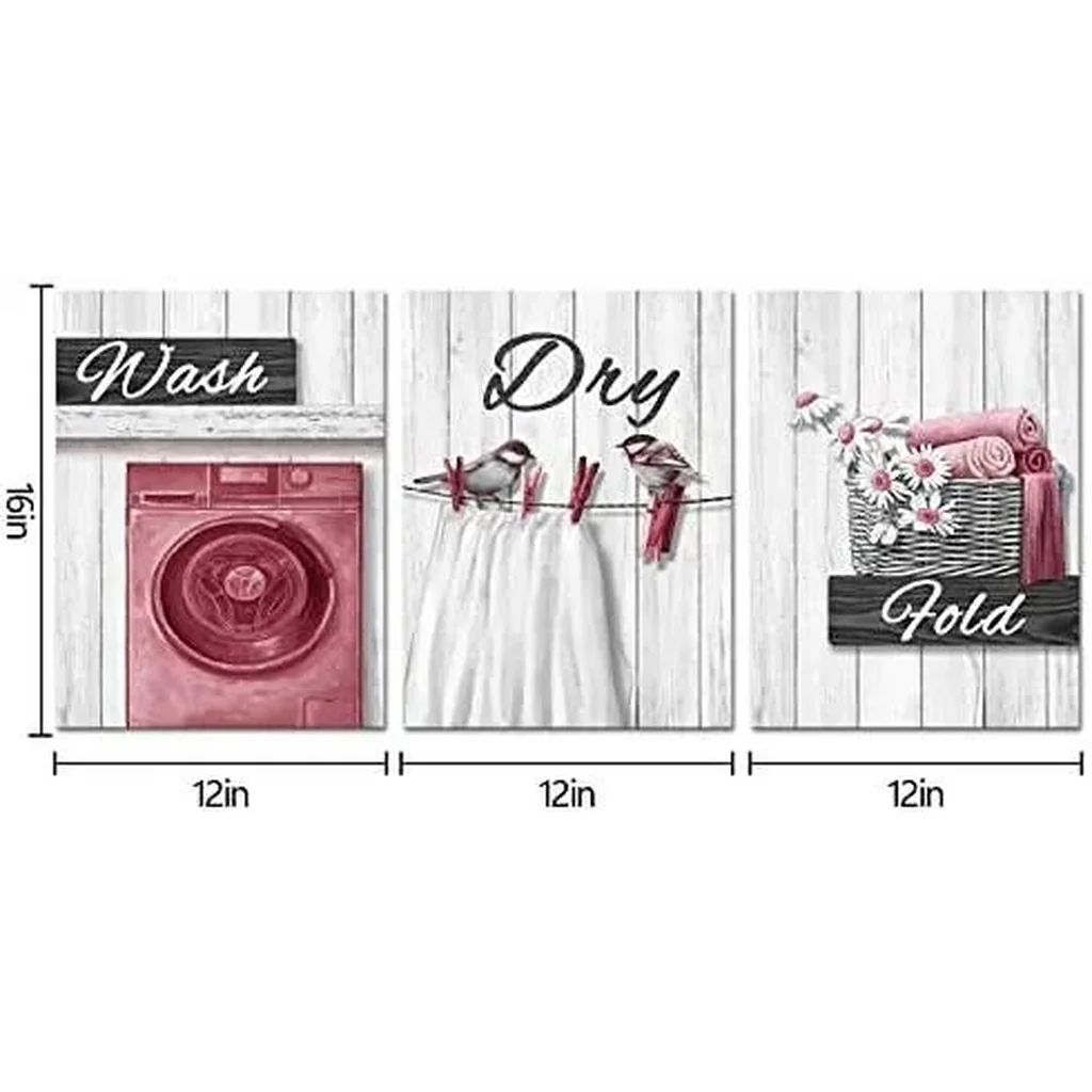 ALAYRA Laundry Room Decor Pictures Wash Dry Fold Laundry Decor Signs Laundry Wall Decor Framed Canvas Wall Art 12x16inchx3 Piece (Pink) 01 - Image 2