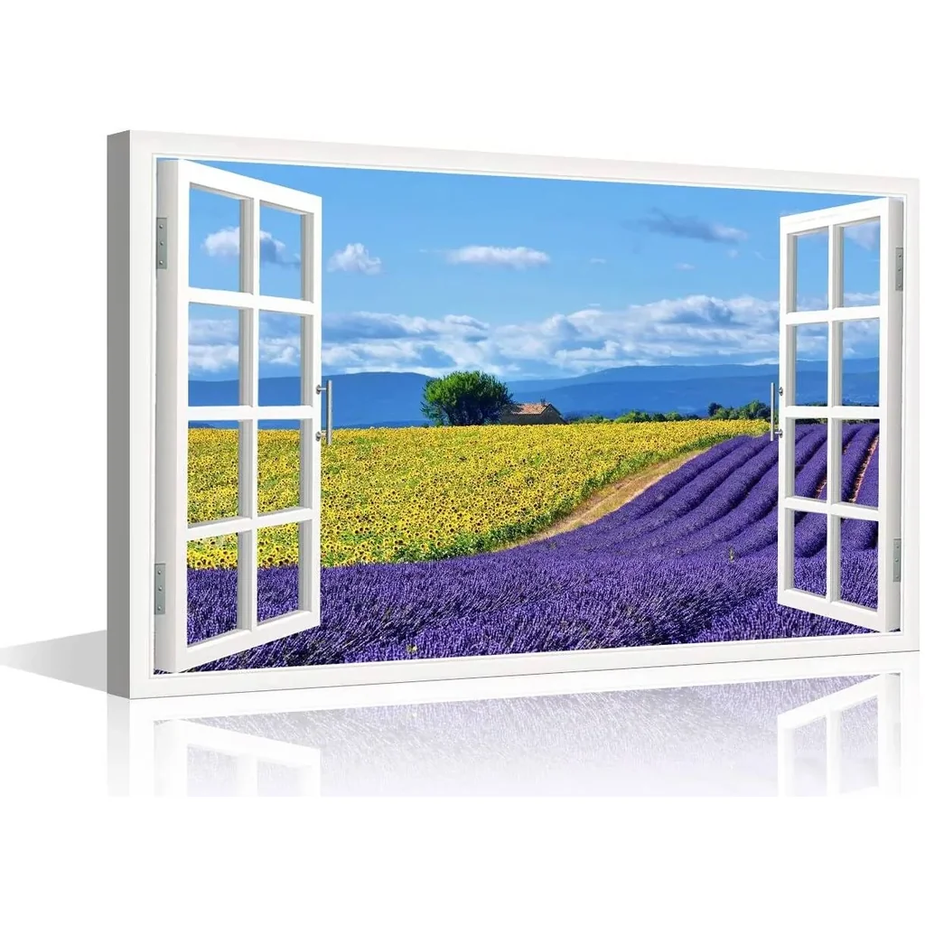 ALAYRA Lavender Flowers View 3D Window Effect Canvas Art Provence Modern Art Rustic Scenic Artwork Canvas Prints for Living Room Bedroom Office Posters Prints Framed Ready to Hang - 24" W x 16" H 01
