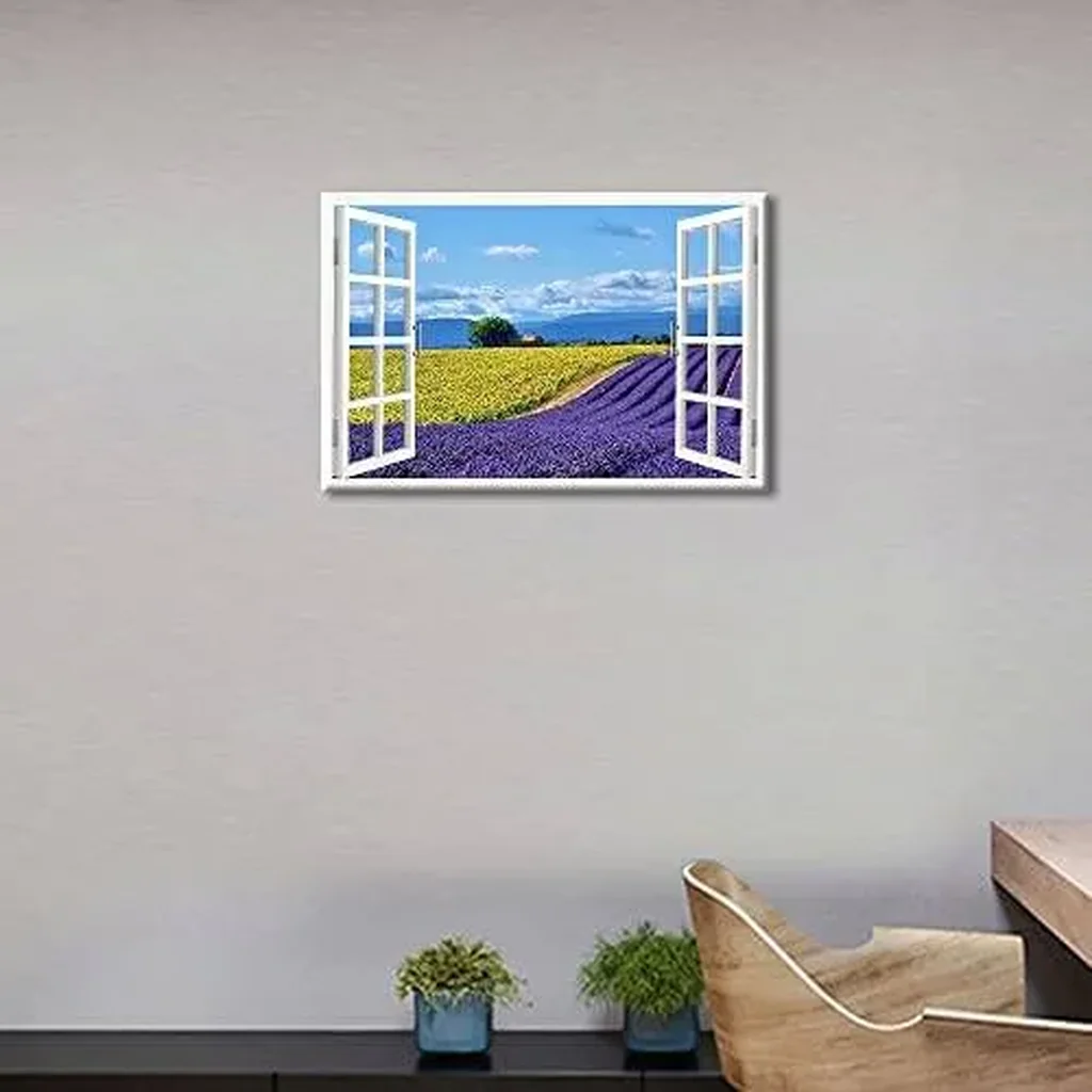 ALAYRA Lavender Flowers View 3D Window Effect Canvas Art Provence Modern Art Rustic Scenic Artwork Canvas Prints for Living Room Bedroom Office Posters Prints Framed Ready to Hang - 24" W x 16" H 01 - Image 2
