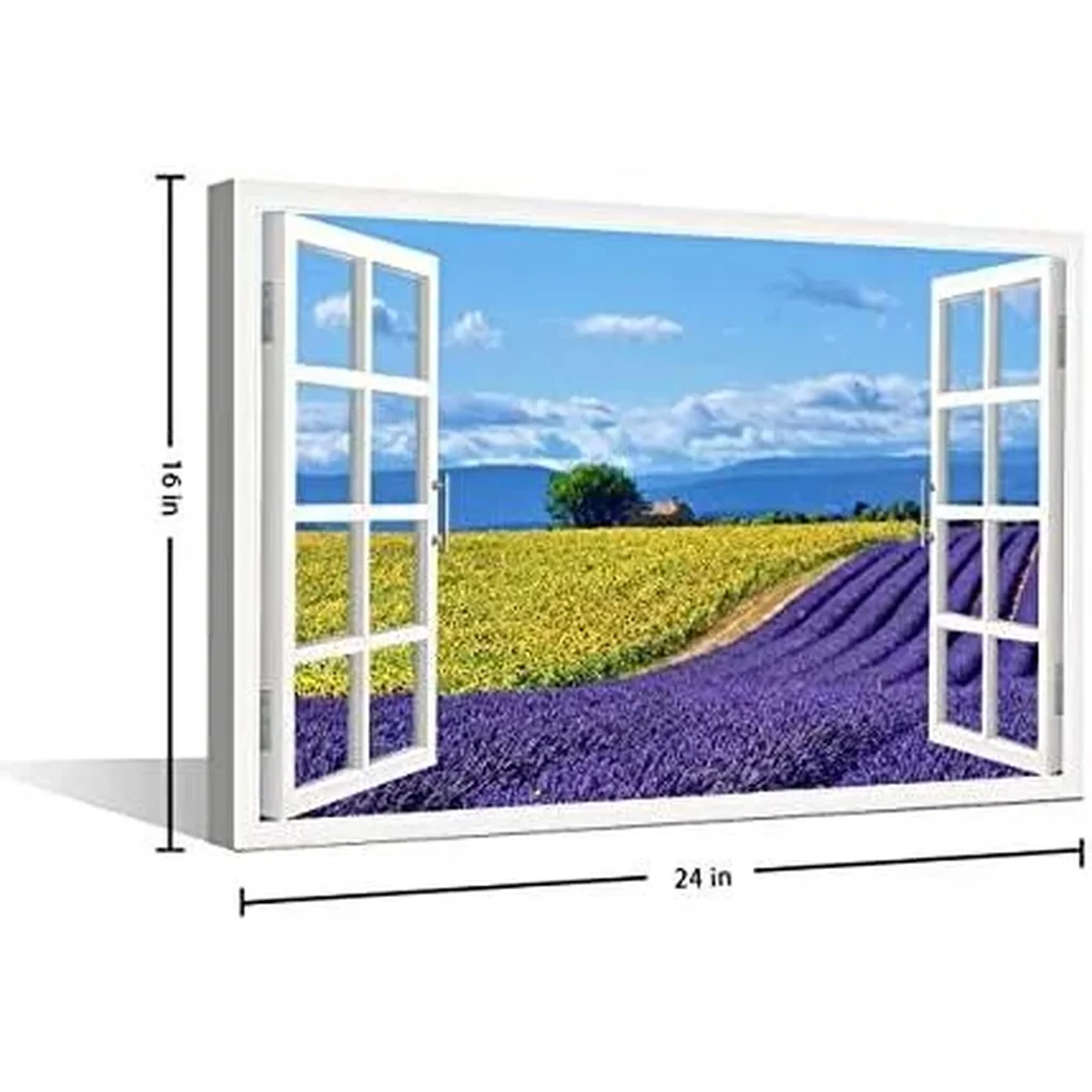 ALAYRA Lavender Flowers View 3D Window Effect Canvas Art Provence Modern Art Rustic Scenic Artwork Canvas Prints for Living Room Bedroom Office Posters Prints Framed Ready to Hang - 24" W x 16" H 01 - Image 3