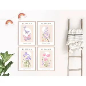 ALAYRA Le Jardin Butterfly Wall Art Flower Poster Prints Boho Poster Floral Wall Art Pink Posters Colorful Canvas Printing Flower Market Poster Matisse Prints 8x10 Inchx4 Unframed 01