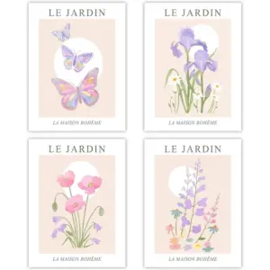 ALAYRA Le Jardin Posters Flower Posterpink Wall Art Butterfly Poster 12x16 Inchx4 Unframed 01