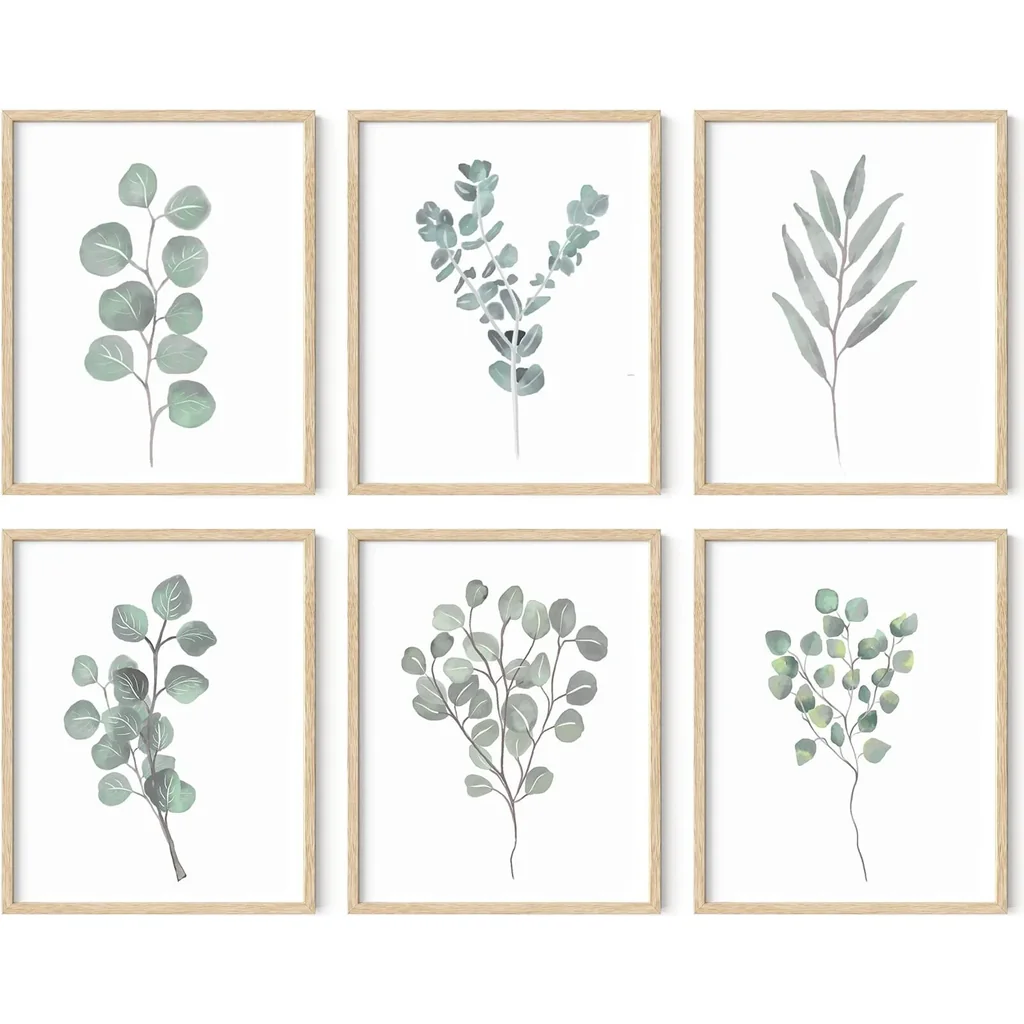 ALAYRA Leaf Prints Botanical Wall Decor Set of 6 Botanical Art Prints & Eucalyptus Leaves Wall Decor Botanical Prints Wall Art Eucalyptus Wall Decor Plant Decor Unframed, 8" x 10" 01