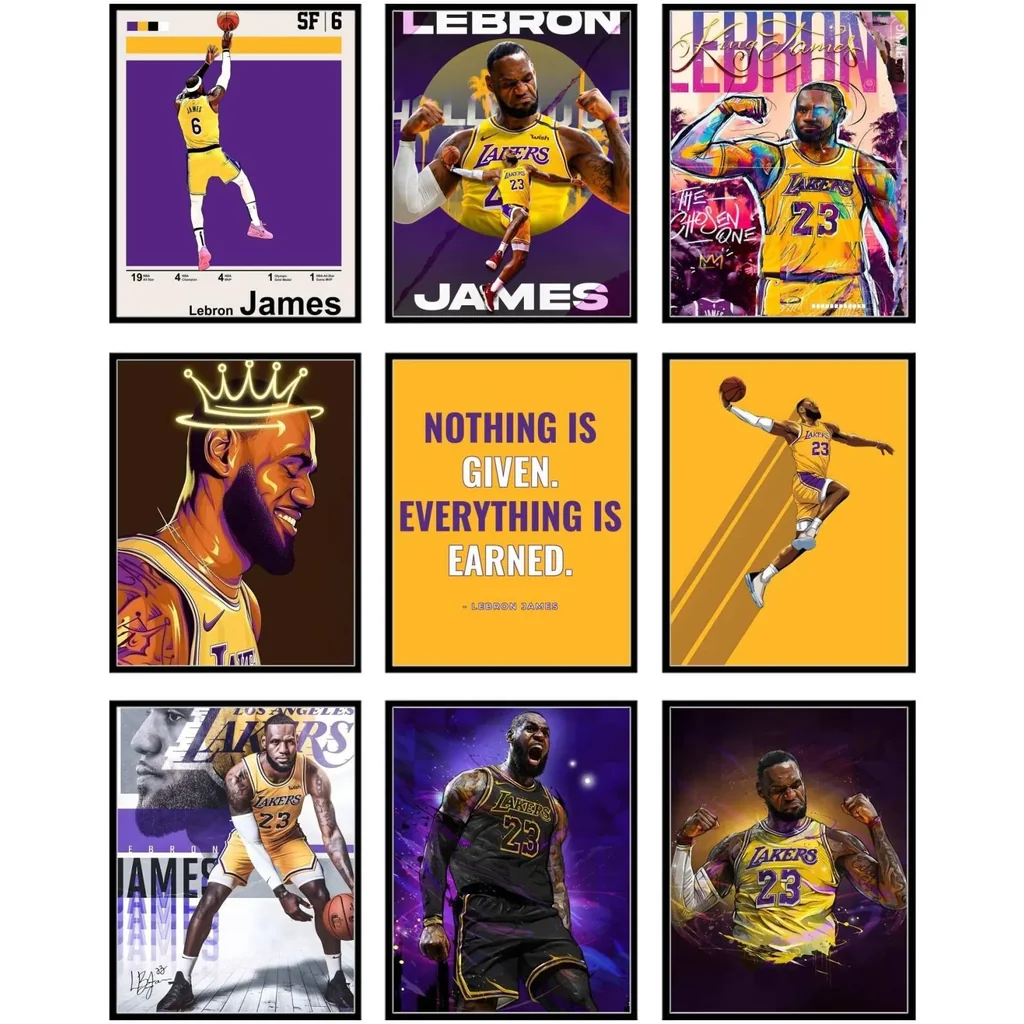 ALAYRA LeBron Ja Poster Set - LeBron Posters for Walls, Lakers Bedroom Wall Decor, Basketball Room Decor for Boys, Gifts for Lakers Fan, Basketball Artwork - Unframed Set Of 9 (8x10) 01