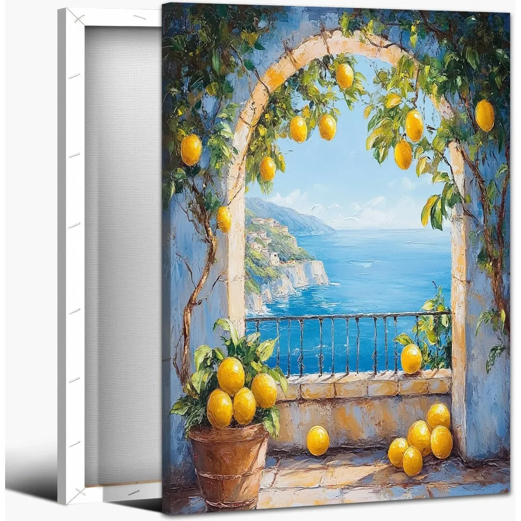 ALAYRA Lemon Canvas Wall Art, Mediterranean Kitchen Wall Decor, Vibrant Impressionist Balcony Picture, Cheerful Seaside Wall Painting for Dining Room, Home Yellow Fruit Hanging Artwork, 18x12 Inch 01