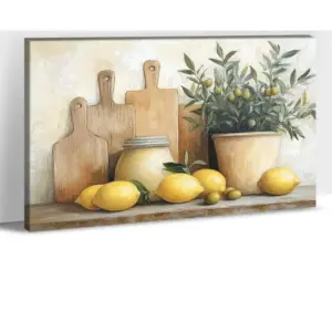 ALAYRA Lemon Kitchen Canvas Wall Art, Rustic Fruit Still Life Canvas Painting, Vibrant Yellow Wall Decor and Pictures, Country Style Wall Prints for Dining Room or Chef's Kitchen, 12x18 Inch 01