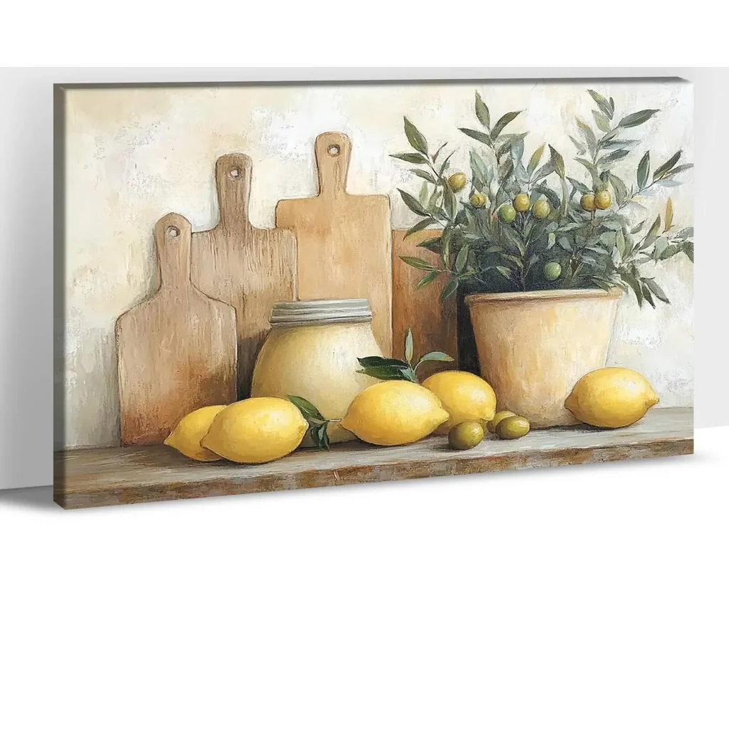 ALAYRA Lemon Kitchen Canvas Wall Art, Rustic Fruit Still Life Canvas Painting, Vibrant Yellow Wall Decor and Pictures, Country Style Wall Prints for Dining Room or Chef's Kitchen, 12x18 Inch 01