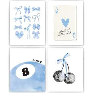 ALAYRA Light Blue Coquette Trendy Preppy Wall Art Prints Set of 4, Coquette Preppy Room Decor, Blue Bow Disco 8 Ball Cherry Wall Decor Posters for Girls Bedroom Dorm, 8x10 Unframed 01