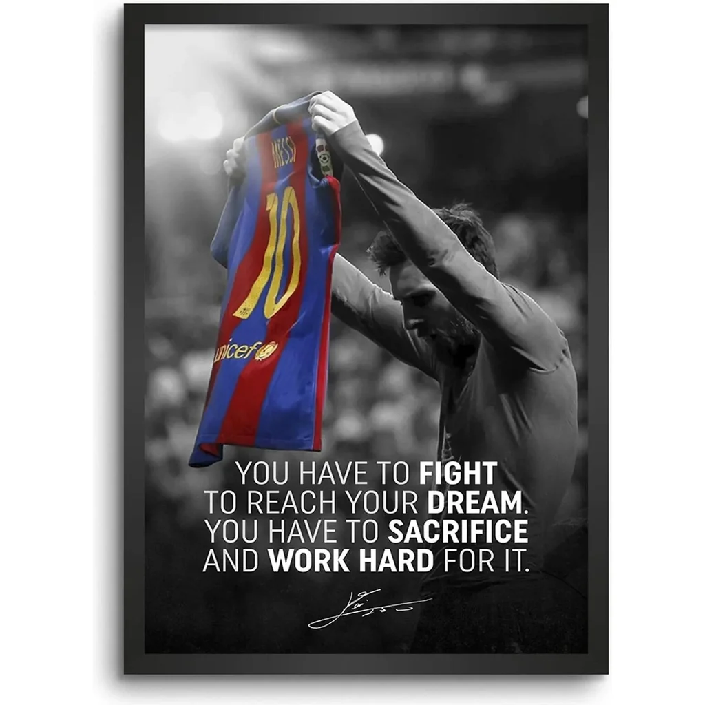 ALAYRA Lionel messi Barcelona Wall Decoration Art Framed Poster, 12 Inch x 18 Inch, Matt Laminated Poster with 0.5 Inch Black Wooden Frame 01