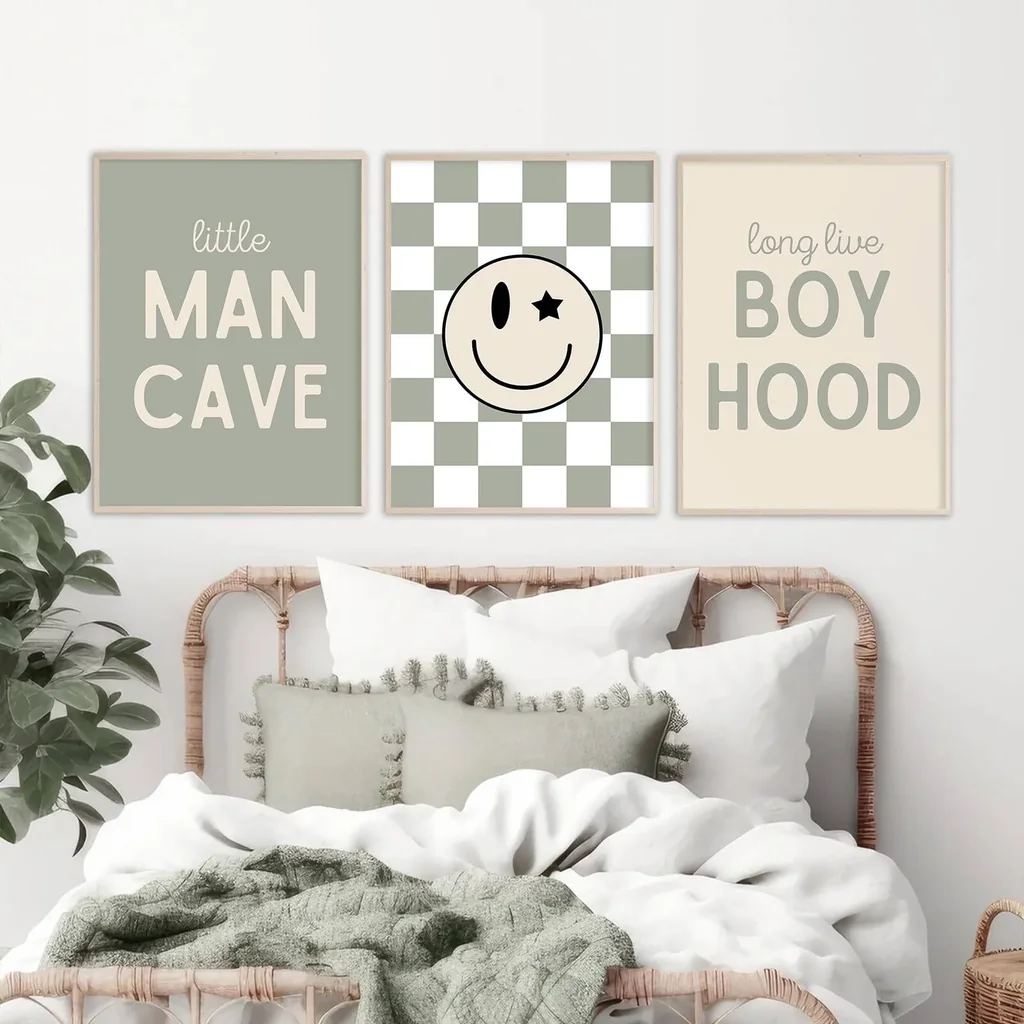 ALAYRA Long Live Boyhood Wall Art Nursery Baby Boys Canvas Wall Art Decor Preppy Retro Poster Prints Kids Little Man Cave Pictures Sage Green Artwork for Room Bedroom Set of 3 12x16 Inch Unframed 01
