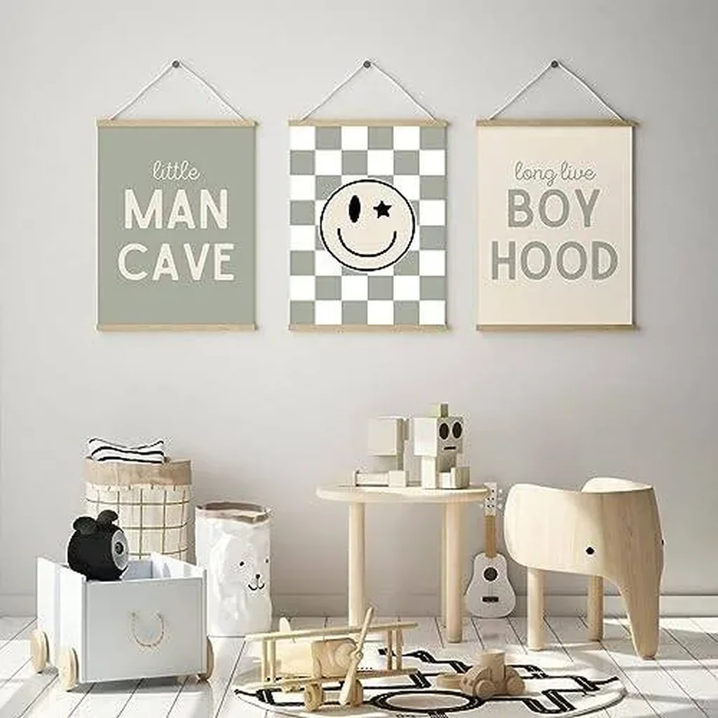 ALAYRA Long Live Boyhood Wall Art Nursery Baby Boys Canvas Wall Art Decor Preppy Retro Poster Prints Kids Little Man Cave Pictures Sage Green Artwork for Room Bedroom Set of 3 12x16 Inch Unframed 01 - Image 2