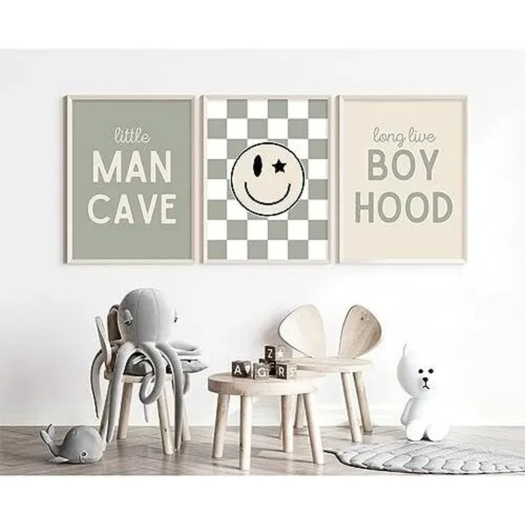 ALAYRA Long Live Boyhood Wall Art Nursery Baby Boys Canvas Wall Art Decor Preppy Retro Poster Prints Kids Little Man Cave Pictures Sage Green Artwork for Room Bedroom Set of 3 12x16 Inch Unframed 01 - Image 3
