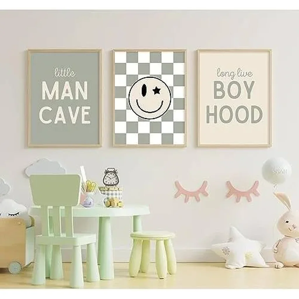 ALAYRA Long Live Boyhood Wall Art Nursery Baby Boys Canvas Wall Art Decor Preppy Retro Poster Prints Kids Little Man Cave Pictures Sage Green Artwork for Room Bedroom Set of 3 12x16 Inch Unframed 01 - Image 4