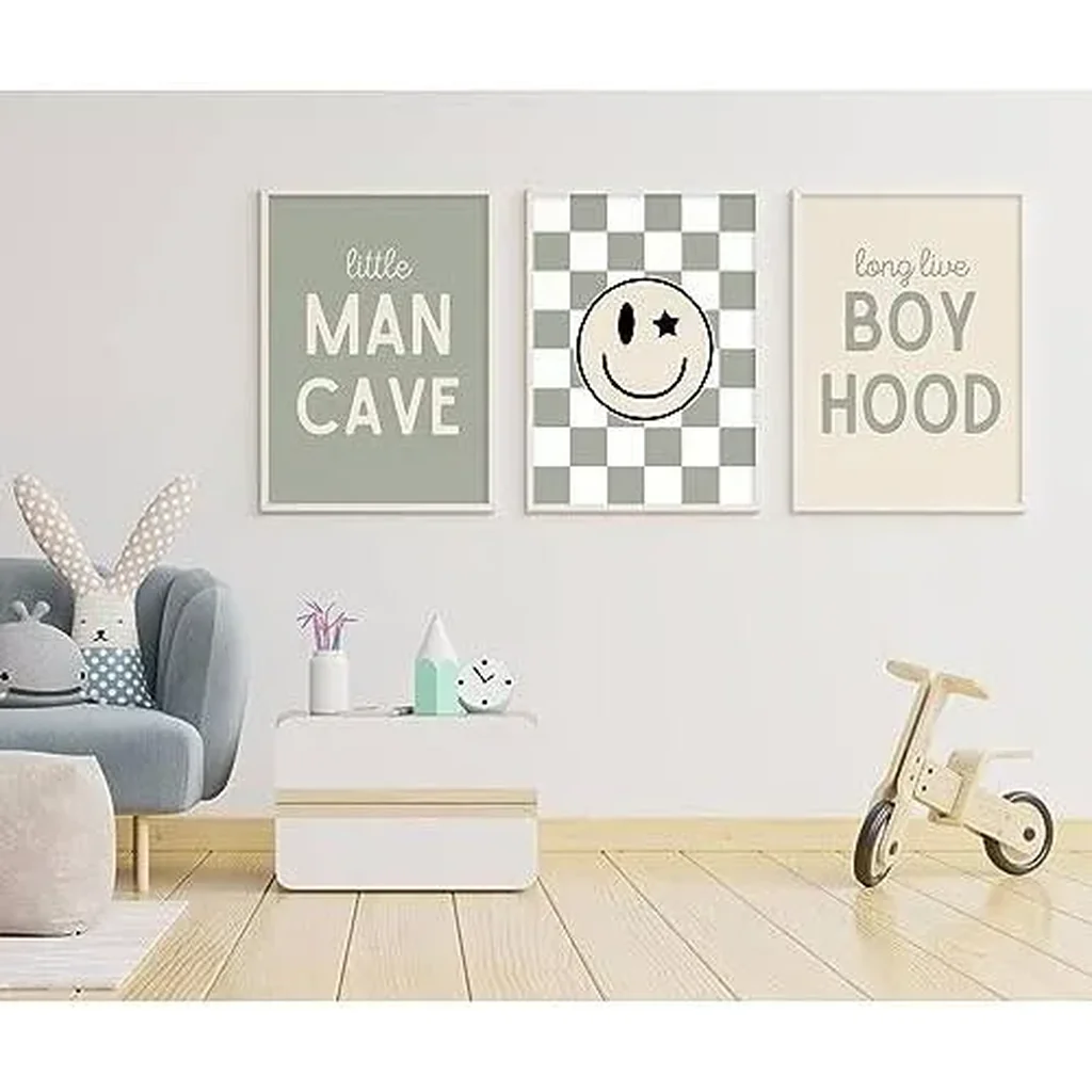 ALAYRA Long Live Boyhood Wall Art Nursery Baby Boys Canvas Wall Art Decor Preppy Retro Poster Prints Kids Little Man Cave Pictures Sage Green Artwork for Room Bedroom Set of 3 12x16 Inch Unframed 01 - Image 5