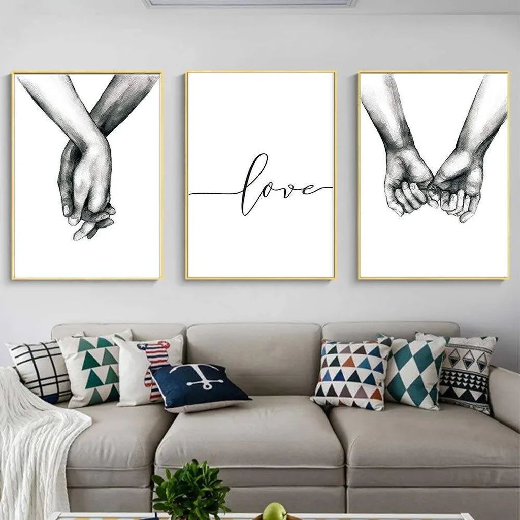 ALAYRA Love and Hand in Hand Wall Art Canvas Print Poster, Simple Fashion Black and White Sketch Art Line Drawing Decor for Home Living Room Bedroom Office(Set of 3 Unframed, 16x20 inches) 01