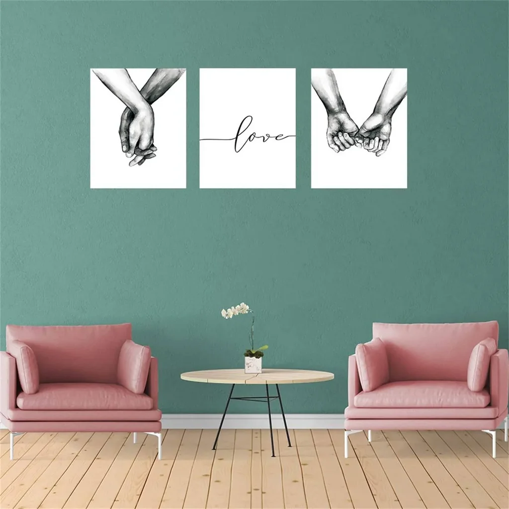 ALAYRA Love and Hand in Hand Wall Art Canvas Print Poster, Simple Fashion Black and White Sketch Art Line Drawing Decor for Home Living Room Bedroom Office(Set of 3 Unframed, 8x10 inches) 01