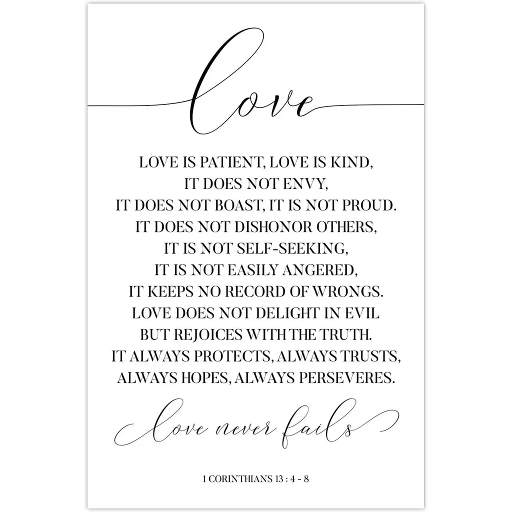 ALAYRA Love Never Fails Bible Verses Canvas Wall Art Decor Serenity Prayer Christian Wedding Bible Wall Art Scripture Love Is Patient Love Is Kind Wall Art Decor Poster Bedroom 12x16inchx1 Unframed 01