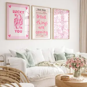 ALAYRA Lucky You Pink Wall Art Guest Check Preppy Wall Decor Trendy Aesthetic Canvas Wall Art Funky Poster Cute Picture Prints Inspirational Artwork for Room Bedroom 12x16 Inch Unframed Set of 3 01