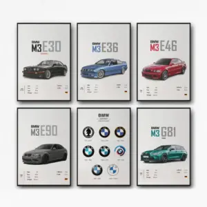 ALAYRA M3 Collection Posters 6PCS BMW E30 E36 E46 E90 G81 Posters For Boys Bedroom Men Cave Car Aesthetics Poster(Unframe, 8x12inch, 6 PCS) 01