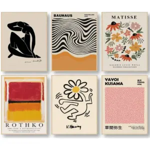 ALAYRA Matisse Wall Art Prints Set of 6, Abstract Matisse Wall Art Exhibition Posters Black Beige Yellow Women Body Line Art Flower Market Art Prints, Living Room Wall Decor(8x10inch, Unframed 01