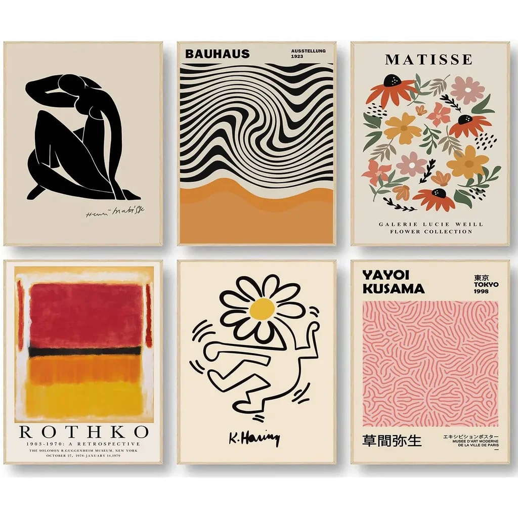 ALAYRA Matisse Wall Art Prints Set of 6, Abstract Matisse Wall Art Exhibition Posters Black Beige Yellow Women Body Line Art Flower Market Art Prints, Living Room Wall Decor(8x10inch, Unframed 01