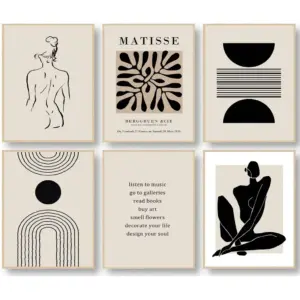 ALAYRA Matisse Wall Art Prints, Abstract Matisse Wall Art Exhibition Posters, Black Beige Women Body Line Art Leaf Boho Art Prints, Living Room Wall Decor(8x10inch, Unframed 01