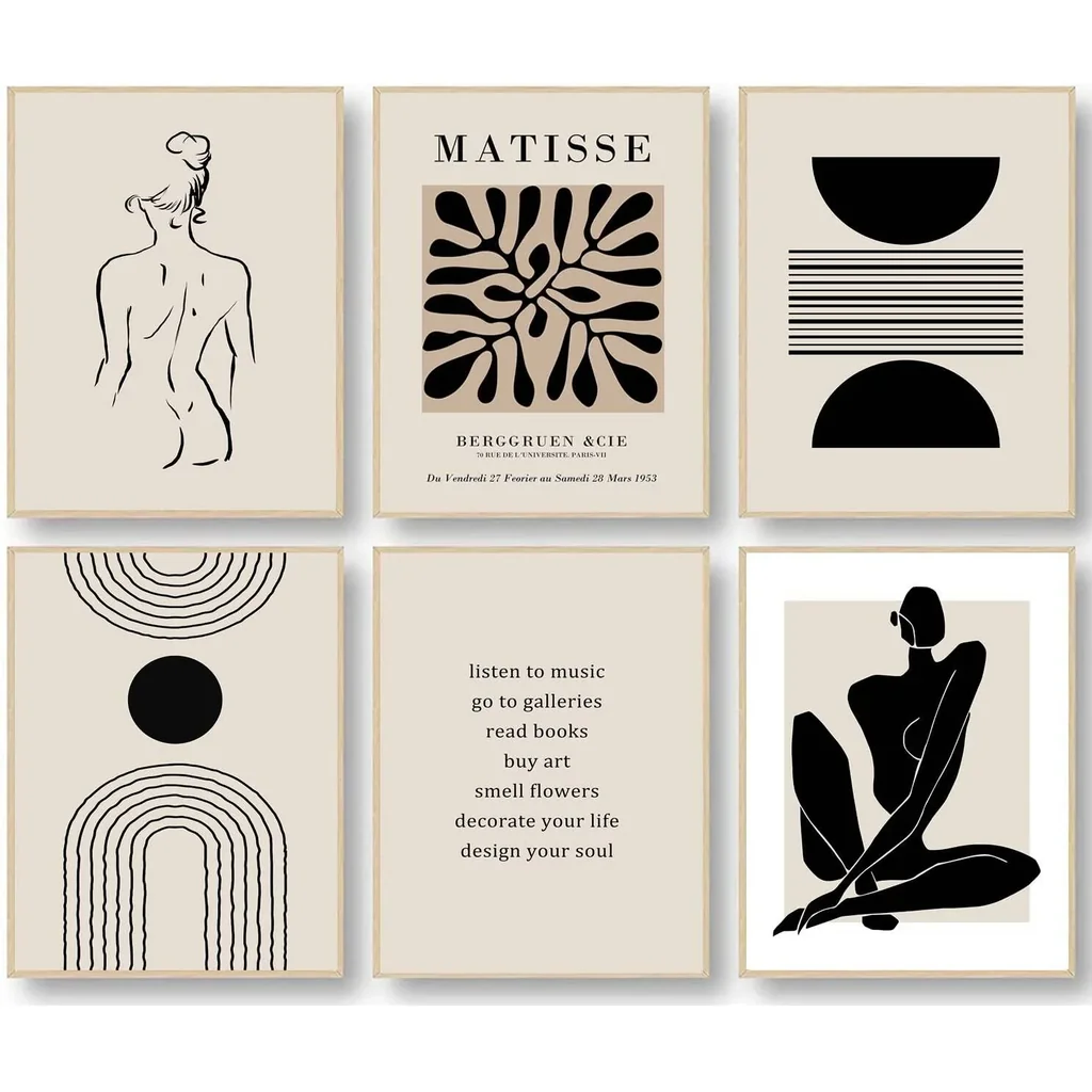 ALAYRA Matisse Wall Art Prints, Abstract Matisse Wall Art Exhibition Posters, Black Beige Women Body Line Art Leaf Boho Art Prints, Living Room Wall Decor(8x10inch, Unframed 01