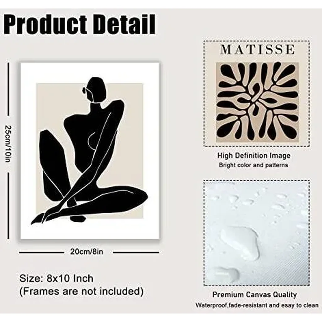 ALAYRA Matisse Wall Art Prints, Abstract Matisse Wall Art Exhibition Posters, Black Beige Women Body Line Art Leaf Boho Art Prints, Living Room Wall Decor(8x10inch, Unframed 01 - Image 2