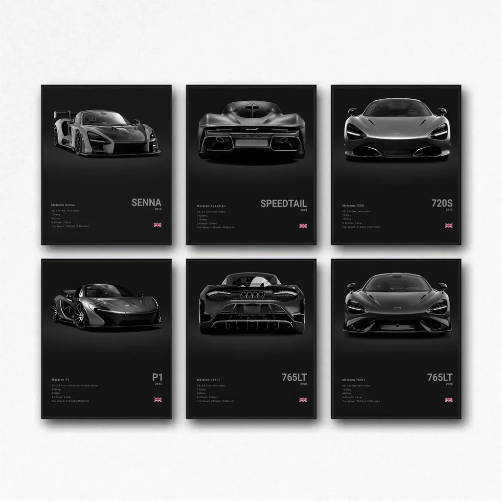 ALAYRA Mclaren Poster For Walls Car Posters Wall Art Mclaren Senna Speedtail 720S P1 765LT Posters For Boy's Bedroom Super Car Art Print Posters Set Of 6, Unframed 8x12inch(20x30cm) 01