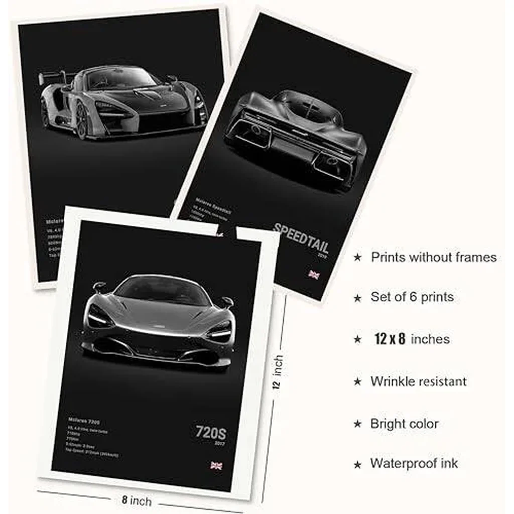 ALAYRA Mclaren Poster For Walls Car Posters Wall Art Mclaren Senna Speedtail 720S P1 765LT Posters For Boy's Bedroom Super Car Art Print Posters Set Of 6, Unframed 8x12inch(20x30cm) 01 - Image 4