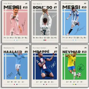 ALAYRA Messi, Ronaldo, Mbappe, Haaland, Neymar Soccer Canvas Posters Wall Art Print Set of 6 Gifts for Boys Living Room Bedroom Decor Unframed 8x12inch 01